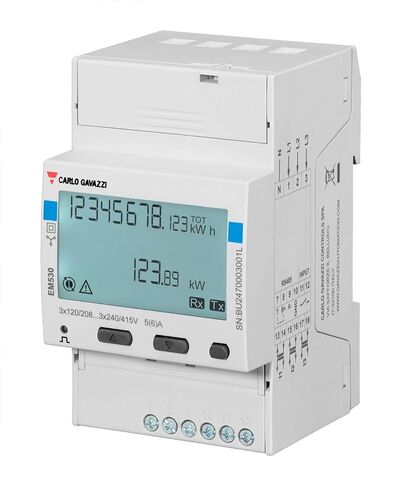 CARLO GAVAZZI EM530DINAV53XS1X 1 إدخال رقمي، 3 مراحل، 400 فولت تيار متردد، 5 أمبير، شاشة LCD ذات إضاءة خلفية، التكوين عبر لوحة المفاتيح، حامل السكك الحديدية DIN، سلسلة EM530، عداد الطاقة، مدخل L-L، مخرج MODBUS، طاقة ذاتية العرض in Kuwait
