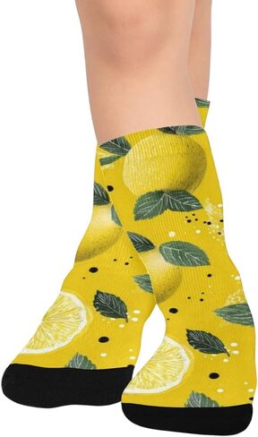 جوارب المشي لمسافات طويلة بطباعة الليمون الطازج باللون الأصفر - جوارب شتوية حرارية سميكة دافئة للأولاد والبنات للمدرسة، والارتداء اليومي والأنشطة الخارجية in Kuwait