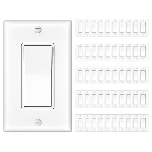 Amico 50 Pack Single Pole Light Switch with Wall Plate, UL Listed, 15A 120/277V, On/Off Rocker Paddle Interrupter Wall Switch, Grounding Screw, Residential Grade, Suitable for Home and Business, White in Saudi Arabia