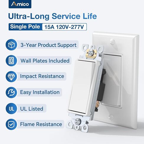 Amico 50 Pack Single Pole Light Switch with Wall Plate, UL Listed, 15A 120/277V, On/Off Rocker Paddle Interrupter Wall Switch, Grounding Screw, Residential Grade, Suitable for Home and Business, White in Saudi Arabia