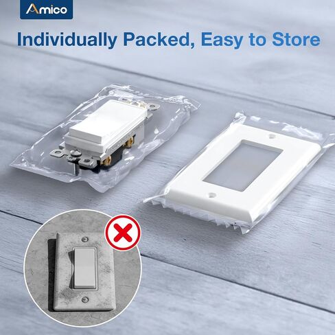 Amico 50 Pack Single Pole Light Switch with Wall Plate, UL Listed, 15A 120/277V, On/Off Rocker Paddle Interrupter Wall Switch, Grounding Screw, Residential Grade, Suitable for Home and Business, White in Saudi Arabia