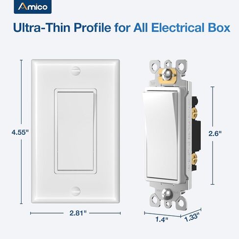 Amico 50 Pack Single Pole Light Switch with Wall Plate, UL Listed, 15A 120/277V, On/Off Rocker Paddle Interrupter Wall Switch, Grounding Screw, Residential Grade, Suitable for Home and Business, White in Saudi Arabia