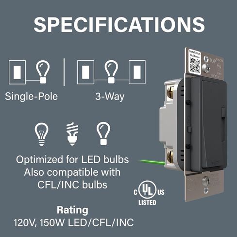 Legrand Radiant 150-Watt Dimmer Light Switch, Single-Pole/3-Way LED Dimmer for Dimmable Lights, RHL153PG, Black in Saudi Arabia