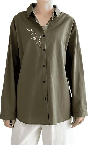 Minibee Women's Button Down Shirts Cotton Linen Long Sleeve Collared Casual Blouses Embroidered Tunic Tops in Saudi Arabia