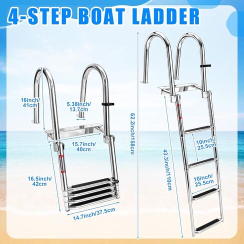 4 Step Boat Ladder, 62" 304 Stainless Steel Pontoon Heavy Duty Folding Dock Non-Slip Swim Ladder for Pontoon Boat, Dock, Deck, Marine Use in Kuwait