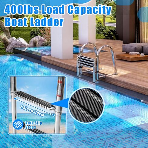 4 Step Boat Ladder, 62" 304 Stainless Steel Pontoon Heavy Duty Folding Dock Non-Slip Swim Ladder for Pontoon Boat, Dock, Deck, Marine Use in Kuwait
