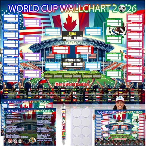 World Cup Schedule Poster 2026 & Final Round 48-Team Collection Showcase,2Pcs Folded Poster&Handwritten Ballpoint Pen,Football Wall chart Tournament Schedule and Team Info Chart Gifts for Soccer Fans in Saudi Arabia