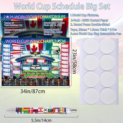 World Cup Schedule Poster 2026 & Final Round 48-Team Collection Showcase,2Pcs Folded Poster&Handwritten Ballpoint Pen,Football Wall chart Tournament Schedule and Team Info Chart Gifts for Soccer Fans in Saudi Arabia