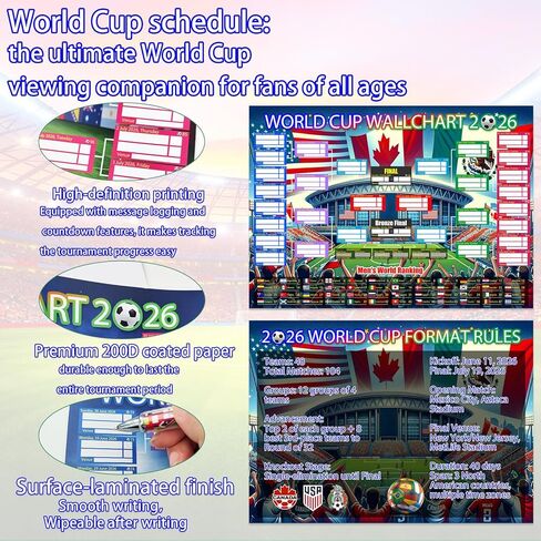 World Cup Schedule Poster 2026 & Final Round 48-Team Collection Showcase,2Pcs Folded Poster&Handwritten Ballpoint Pen,Football Wall chart Tournament Schedule and Team Info Chart Gifts for Soccer Fans in Saudi Arabia