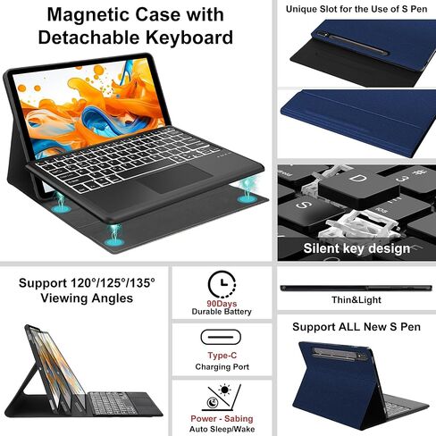 حالة لوحة المفاتيح لـ Samsung Galaxy Tab S10 Ultra/S9 Ultra/S8 Ultra 14.6 بوصة ، 7 ألوان لوحة مفاتيح لاسلكية قابلة للانفصال ، حالة من الورقة الواقية النحيفة مع حامل القلم S ، النوم التلقائي/الاستيقاظ ، الأزرق الداكن in Kuwait
