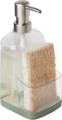 Spectrum Cora Kitchen Soap Dispenser with Sponge Holder for Kitchen Sink Organization, Easy to Clean Soap Pump Sponge Holder Storage Compartment Plastic Sink Caddy with Rubber Grip Base, Gray & Clear in Kuwait