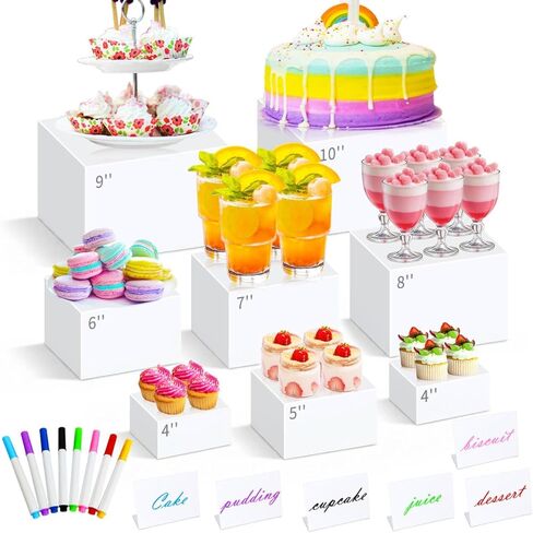 8 قطع من حاملات البوفيه من الأكريليك الأبيض من أبينكل، حاملات وحوامل طاولة البوفيه، رف عرض لرافعات الطعام لحفلات تقديم الطعام والحلوى والكب كيك، صندوق عرض مكعب مع علامة صغيرة in Kuwait