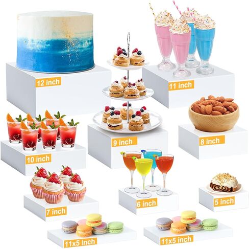 10PCS Buffet Risers, Food Risers for Buffet Table, Acrylic White Cube Box with Hollow Bottoms, Display Stand for Dessert Table Stand Shelf Nesting for Jewelry Show Catering(12"-11"-10"-9"-8"-7"-6"-5") in Saudi Arabia