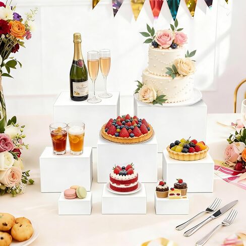 8 قطع من حاملات البوفيه من الأكريليك الأبيض من أبينكل، حاملات وحوامل طاولة البوفيه، رف عرض لرافعات الطعام لحفلات تقديم الطعام والحلوى والكب كيك، صندوق عرض مكعب مع علامة صغيرة in Kuwait