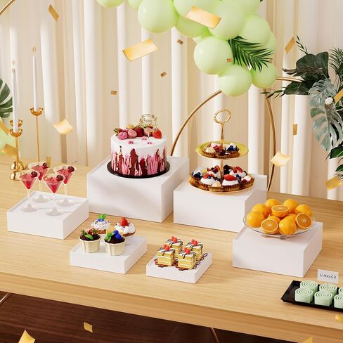 مجموعة حوامل عرض بوفيه كبيرة مكونة من 6 قطع مقاس 7 بوصة إلى 12 بوصة - رف عرض طاولة الطعام والحلوى من الأكريليك للحفلات، وتقديم الطعام، والمجوهرات، والمقتنيات، وصناديق تخزين مكعبة بيضاء in Kuwait