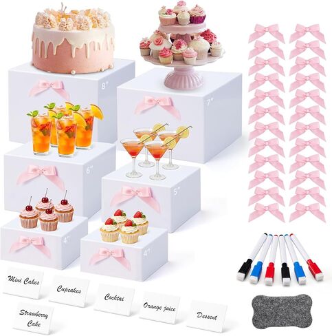 6 Pcs Buffet Risers, Acrylic Risers Display Stands for Buffet Table with Bow/Mini Sign/Marker/Mini Eraser, Hollow Bottom Nesting Cube Food Display Stand for Party Catering Dessert(8",7",6",5",4",4") in Saudi Arabia