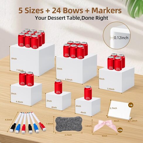 6 Pcs Buffet Risers, Acrylic Risers Display Stands for Buffet Table with Bow/Mini Sign/Marker/Mini Eraser, Hollow Bottom Nesting Cube Food Display Stand for Party Catering Dessert(8",7",6",5",4",4") in Saudi Arabia