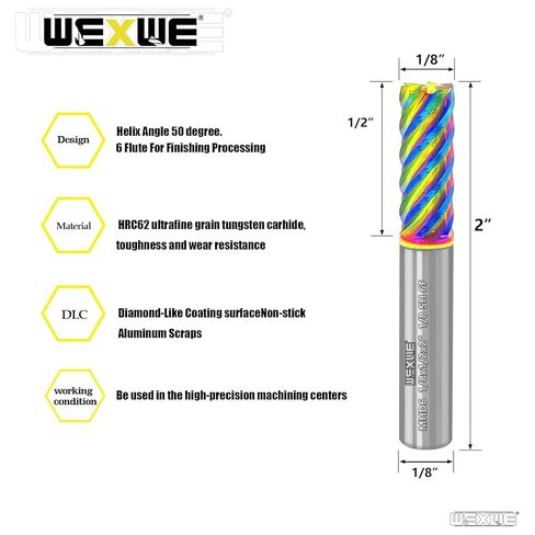 Tools Carbide End Mills,6 Flute Square Milling Cutter，DLC Coating High Helix Angle for Aluminum, Copper Finshing Milling Processing - 1/4 Shank (1/4-2.5" 1PCS) in Kuwait