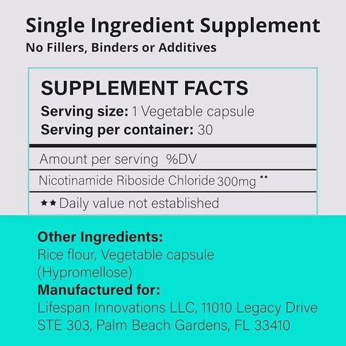 Lifespan Innovations Pure NR Nicotinamide Riboside 300mg - Single Ingredient Supplement - Supports NAD⁺ Levels, Cellular Energy & Healthy Aging. No Fillers or Binders. 30 Capsules, Glass Bottle in Saudi Arabia