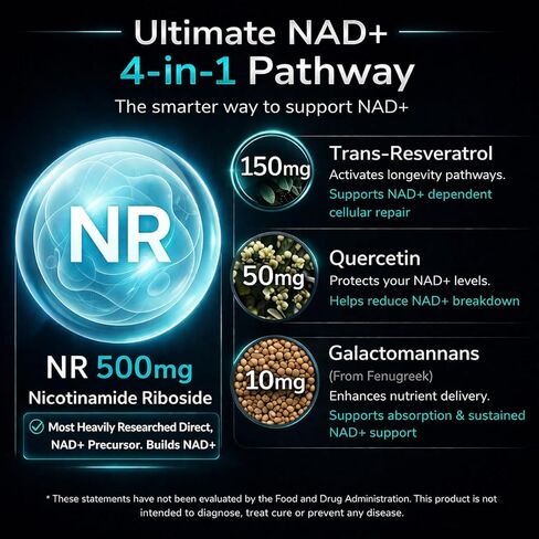مكمل NAD+ Trans Resveratrol المضاد للشيخوخة - قوة ممتازة 500 ملغ من نيكوتيناميد ريبوسيد (NR) - 30 وجبة، بديل NAD NMN وNMNH للرجال والنساء in Saudi Arabia