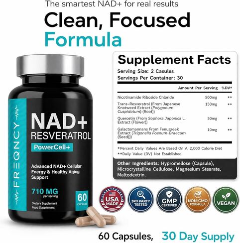 مكمل NAD+ Trans Resveratrol المضاد للشيخوخة - قوة ممتازة 500 ملغ من نيكوتيناميد ريبوسيد (NR) - 30 وجبة، بديل NAD NMN وNMNH للرجال والنساء in Saudi Arabia