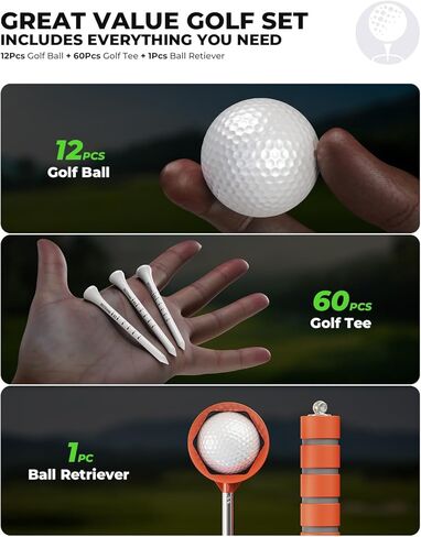 Golf Gifts for Men and Women, Golf Accessories Set with 12 Golf Balls, 60 Golf Tees, and Golf Ball Retriever, Ideal for Beginners, Golf Stuff for Home/Yard/Driving Range Practice in Saudi Arabia