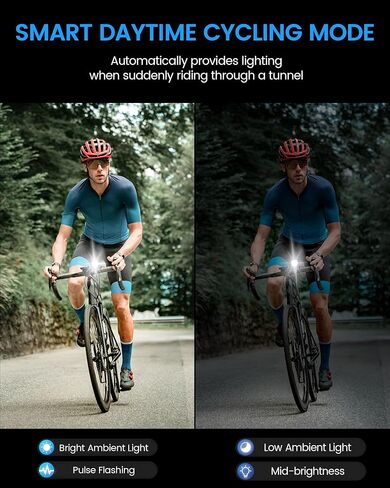 مصباح أمامي للدراجة RAVEMEN K1400، ضوء أمامي للدراجة 1400 لومن مع تشغيل/إيقاف تلقائي ومستشعر للضوء المحيط العالي/المنخفض IPX7 مقاوم للماء USB C للركوب ليلاً ونهارًا، خياران للتركيب in Kuwait