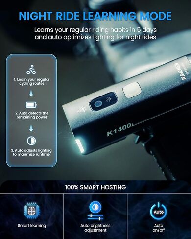 مصباح أمامي للدراجة RAVEMEN K1400، ضوء أمامي للدراجة 1400 لومن مع تشغيل/إيقاف تلقائي ومستشعر للضوء المحيط العالي/المنخفض IPX7 مقاوم للماء USB C للركوب ليلاً ونهارًا، خياران للتركيب in Kuwait