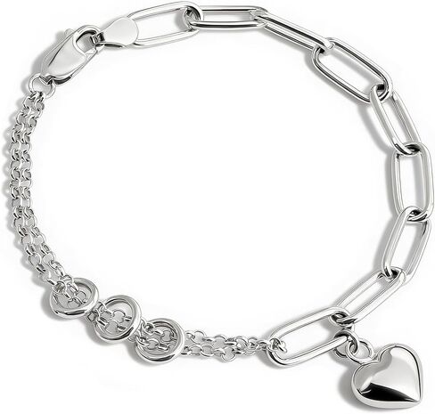 925 Sterling Silver Paperclip Bracelet with Dangling Puff Heart Charm, Double Chain Thick Bracelets for Charms Non Tarnish Womens Trendy Accessories Fashion Jewelry for Women Love Gift in Saudi Arabia