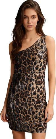 Women's Glitter Sequin Leopard Print Strapless Mini Dress Sexy Off Shoulder Sleeveless Bodycon for Party Night Club in Kuwait