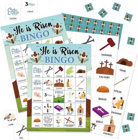 Easter Bingo Cards, He is Risen Theme Game for 24 Players, Bingo Activities for Adult and Family Friends, Spring Party Favors Supplies Decorations(07) in Kuwait
