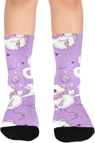 جوارب أرجوانية للمشي لمسافات طويلة بطباعة قطة كرتونية - جوارب شتوية حرارية سميكة دافئة للأولاد والبنات للمدرسة، والارتداء اليومي والأنشطة الخارجية in Kuwait