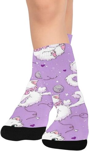 جوارب أرجوانية للمشي لمسافات طويلة بطباعة قطة كرتونية - جوارب شتوية حرارية سميكة دافئة للأولاد والبنات للمدرسة، والارتداء اليومي والأنشطة الخارجية in Kuwait