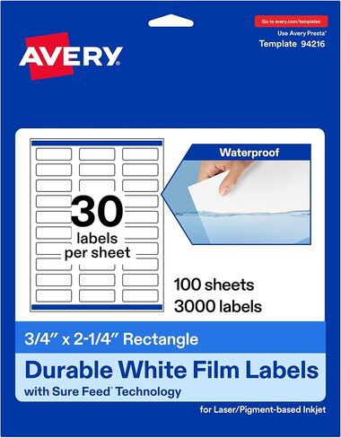 Avery Durable Waterproof Rectangle Labels - 0.75" x 2.25", 300 Oil & Tear-Resistant, Print-to-The-Edge, Laser/Pigment-Based Inkjet Printable in Saudi Arabia