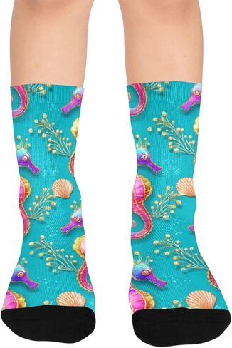 جوارب المشي لمسافات طويلة باللون الأخضر بطبعة فرس البحر بألوان قوس قزح - جوارب شتوية حرارية سميكة دافئة للأولاد والبنات للمدرسة، والارتداء اليومي والأنشطة الخارجية in Kuwait