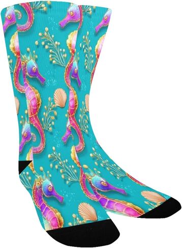 جوارب المشي لمسافات طويلة باللون الأخضر بطبعة فرس البحر بألوان قوس قزح - جوارب شتوية حرارية سميكة دافئة للأولاد والبنات للمدرسة، والارتداء اليومي والأنشطة الخارجية in Kuwait