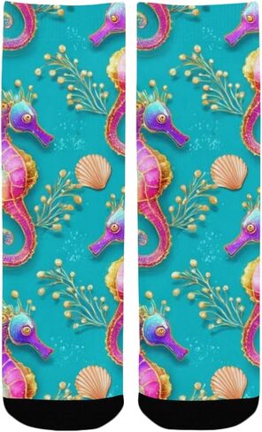 جوارب المشي لمسافات طويلة باللون الأخضر بطبعة فرس البحر بألوان قوس قزح - جوارب شتوية حرارية سميكة دافئة للأولاد والبنات للمدرسة، والارتداء اليومي والأنشطة الخارجية in Kuwait