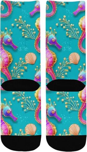 جوارب المشي لمسافات طويلة باللون الأخضر بطبعة فرس البحر بألوان قوس قزح - جوارب شتوية حرارية سميكة دافئة للأولاد والبنات للمدرسة، والارتداء اليومي والأنشطة الخارجية in Kuwait