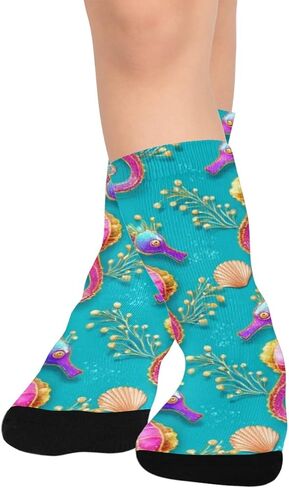 جوارب المشي لمسافات طويلة باللون الأخضر بطبعة فرس البحر بألوان قوس قزح - جوارب شتوية حرارية سميكة دافئة للأولاد والبنات للمدرسة، والارتداء اليومي والأنشطة الخارجية in Kuwait