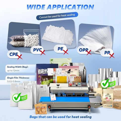 Automatic Continuous Bag Sealer, 0.24-0.47 in Seal Width with Digital Temperature Control/Emergency Stop Automatic Coffee Bag Sealer for Plastic Bags, Cookie, Food Storage, Bakery in Saudi Arabia