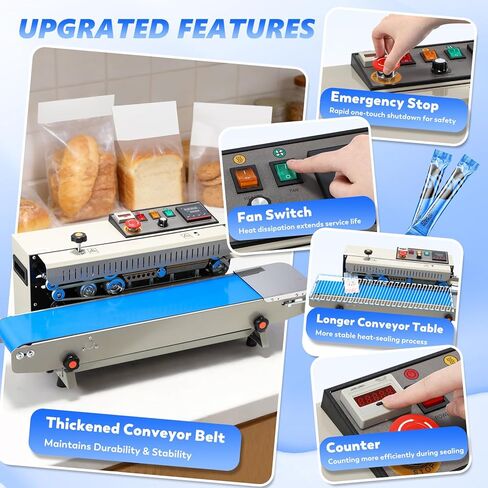 Automatic Continuous Bag Sealer, 0.24-0.47 in Seal Width with Digital Temperature Control/Emergency Stop Automatic Coffee Bag Sealer for Plastic Bags, Cookie, Food Storage, Bakery in Saudi Arabia