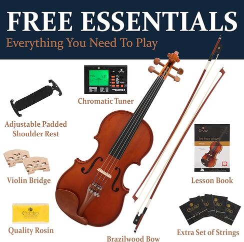Cecilio Violin Solidwood Violin with 2 Brazilwood Bows, Rosin, Tuner, Shoulder Rest & Lesson Book – Ideal for Beginners, Size 3/4 in Kuwait
