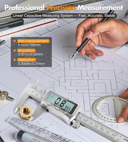 LuxBlue Digital Calipers Measuring Tool 6 Inch | Rechargeable Digital Vernier Caliper with Backlit LCD Screen, Auto-Off | Inch/MM/Fraction Easy Conversion, Stainless Steel Electronic Caliper for DIY in Saudi Arabia