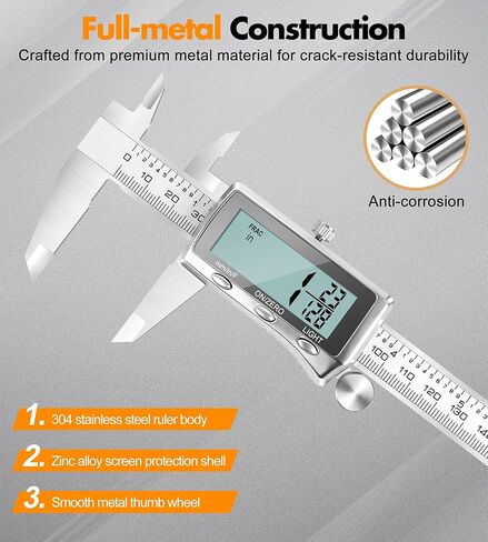 LuxBlue Digital Calipers Measuring Tool 6 Inch | Rechargeable Digital Vernier Caliper with Backlit LCD Screen, Auto-Off | Inch/MM/Fraction Easy Conversion, Stainless Steel Electronic Caliper for DIY in Saudi Arabia