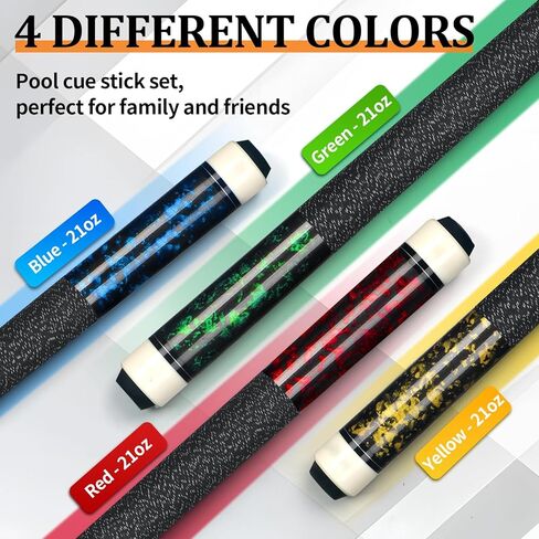 Kmise Pool Cue Stick Set of 4, New Upgraded Irish Linen Wire Grip, Canadian Maple Professional Pool Cues 21oz, 4 Colors Optional (Blue, Green, Red, Yellow in Kuwait