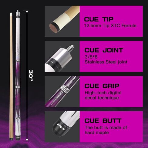 58 Inch 20oz Maple Billiard Pool Cue Stick Set with 12.5mm Tip, 3/8x8 Joint for Enhanced Control & Accuracy, Professional Low Deflection in Kuwait