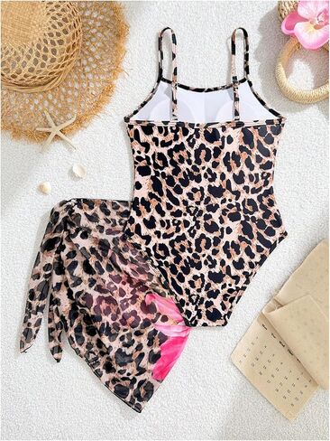 بدلة سباحة SHENHE للفتيات قطعة واحدة مع تنورة ملفوفة بطبعة الفهد لباس السباحة in Kuwait