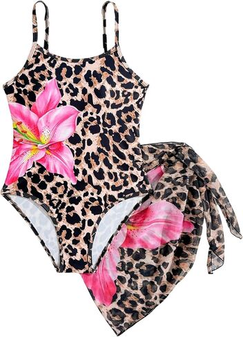 SHENHE Girl's One Piece Swimsuit with Cover Up Wrap Skirt Leopard Print Bathing Suits in Saudi Arabia