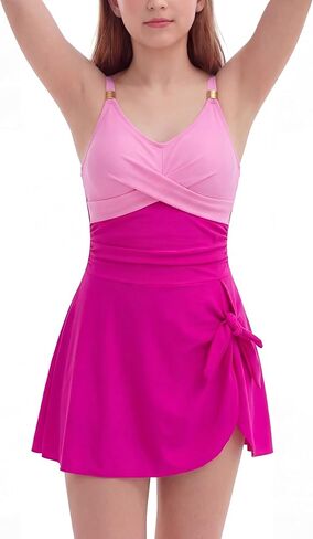 Teen Girls Swimsuits Modest One Piece Tummy Control Bathing Suit Straps Padded Swim Dress with Bottom 9-16 Years in Saudi Arabia