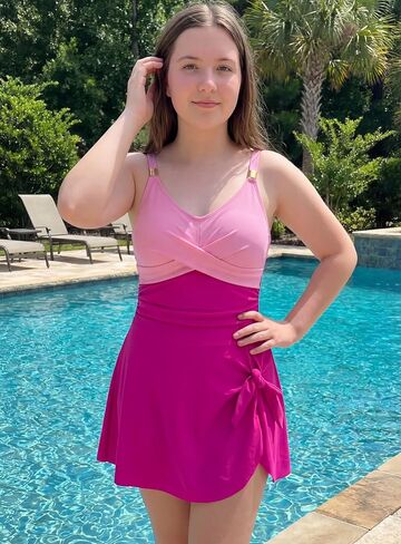 Teen Girls Swimsuits Modest One Piece Tummy Control Bathing Suit Straps Padded Swim Dress with Bottom 9-16 Years in Saudi Arabia